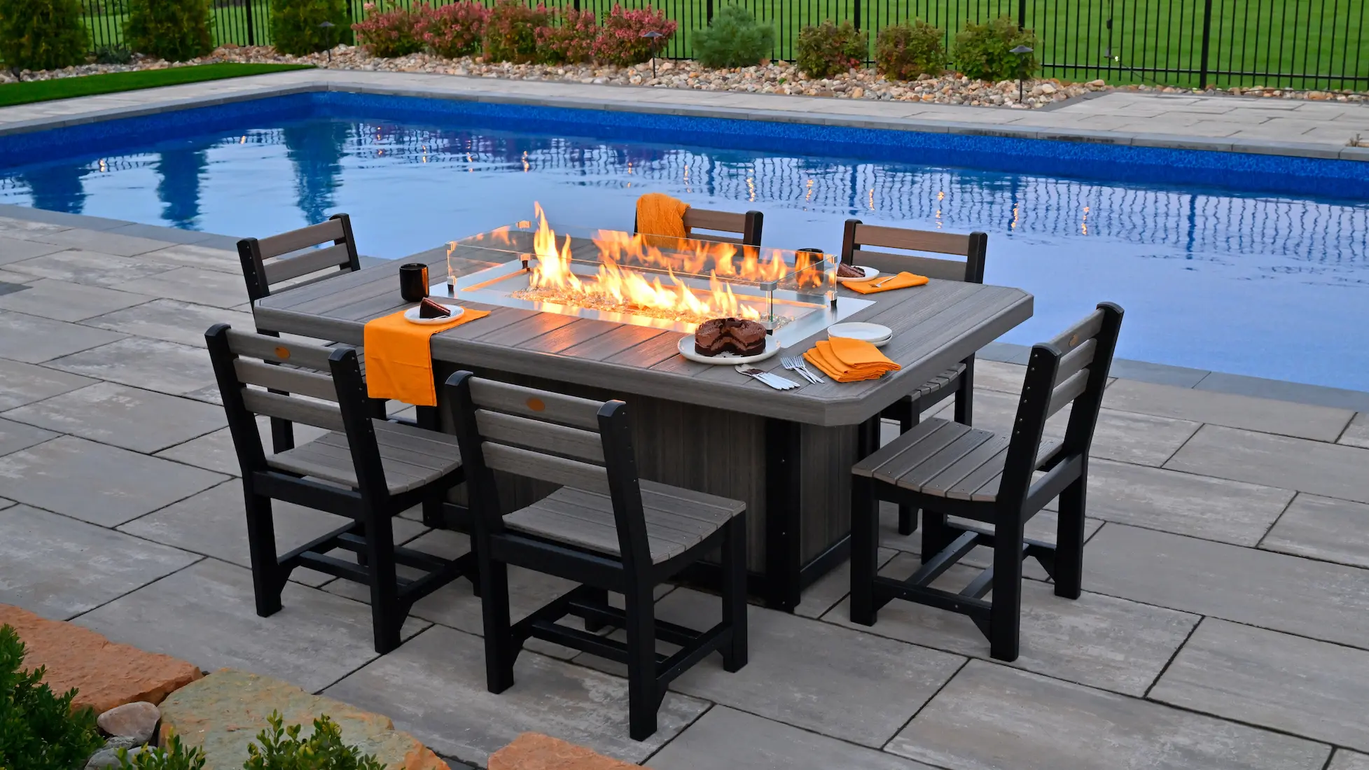 49" x 79" Rectangle Fire Table with (6) Island Side Chairs - Dining Height